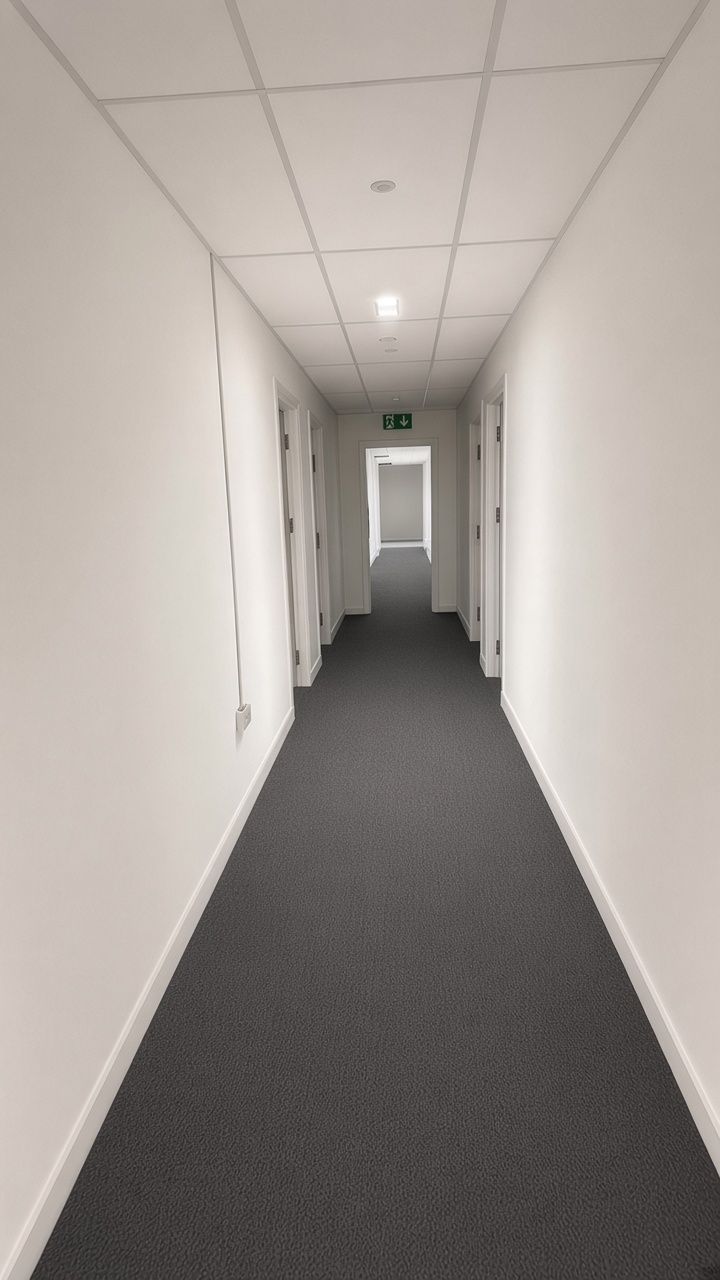 Finished communal hallway with suspended ceiling